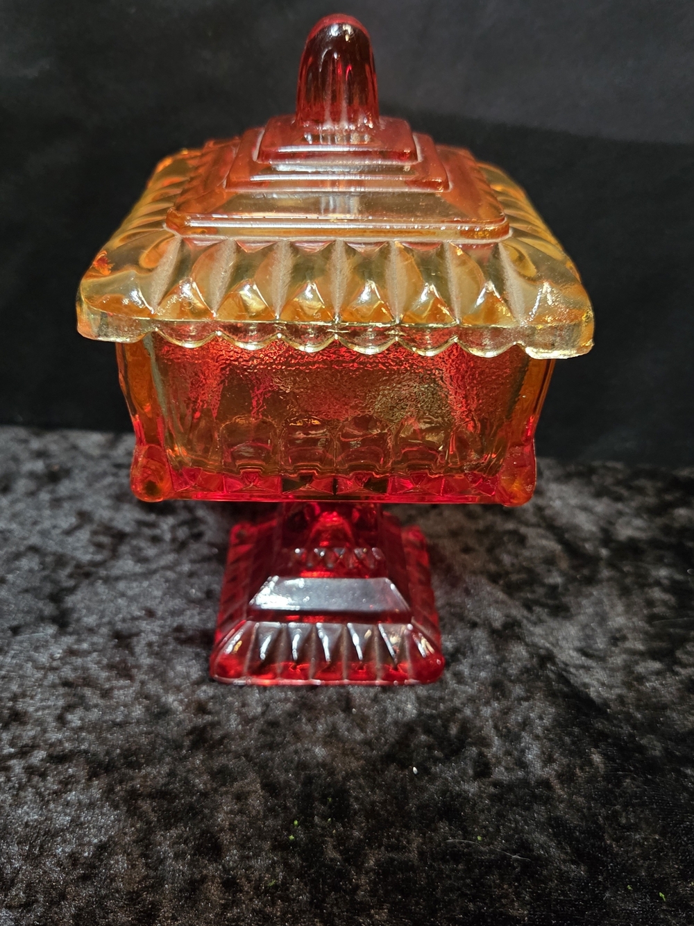 Jeanette Wedding Box Amberina Red Orange Square Pedestal Candy Dish Vtg W Lid